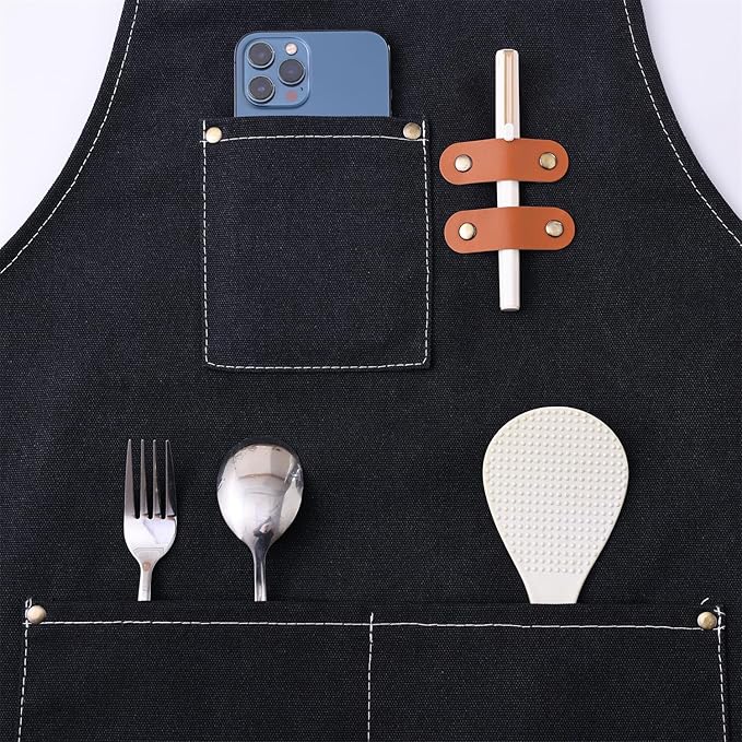 Chef Apron Medium-Thick Cotton Canvas,Cross Back with Multiple Pockets Adjustable Work Apron for Men and Women (Black)