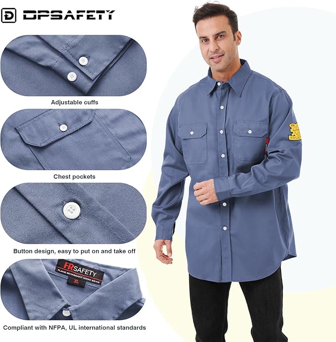 FR Shirts for Men 7oz Hi Vis Fire Resistant Shirts NFPA CAT2 Welding Shirt 100% Cotton Flame Resistant Shirt Light Blue(3X-Large)