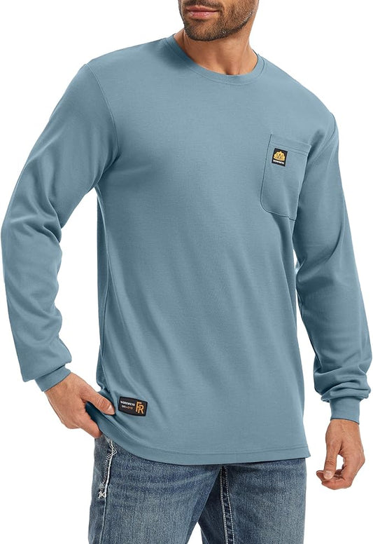 WORKWEYA Men's FR Shirts 6.5oz Lightweight Long Sleeve Flame Resistant T-Shirt NFPA 2112/CAT2