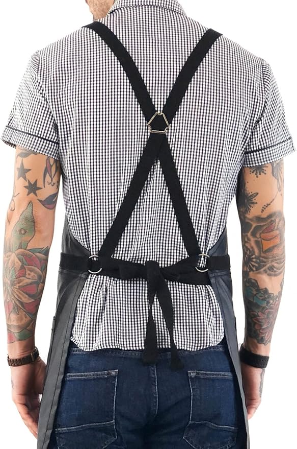 Under NY Sky Cross-Back Panther Black Apron – Coated Twill with Leather Reinforcement and Split-Leg – Adjustable for Men and Women – Pro Barber, Tattoo, Hair Stylist, Barista, Bartender, Server Aprons