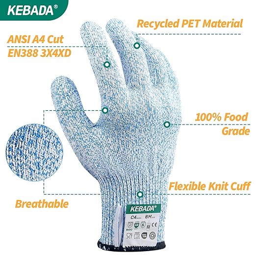 Kebada Cut Resistant Gloves, 100% Food Grade Cutting Gloves, ANSI A4 Level 5 Protection Anti Cut, Glass-Free and Steel-Free, Model C4, 6 Pairs, Large