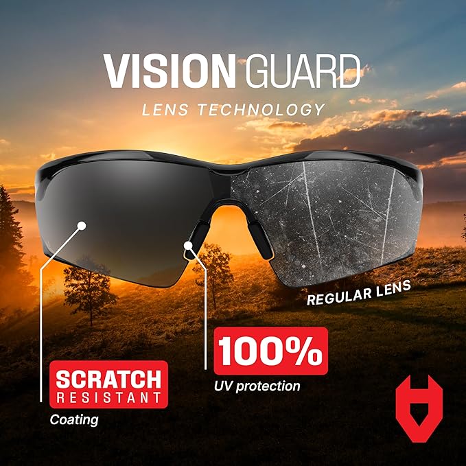 NoCry Work and Sports Safety Sunglasses with Green Tinted Scratch Resistant Wrap-Around Lenses and No-Slip Grips, UV 400 Protection. Adjustable, Black & Red Frames (10 pack)