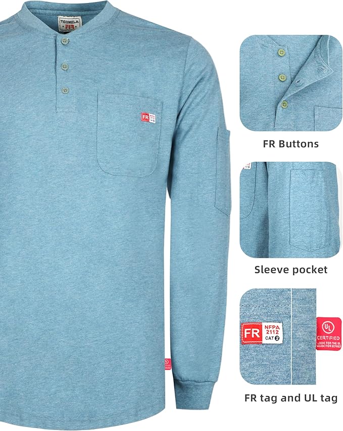 TICOMELA FR Shirts for Men Heather Series 6oz Flame Resistant T Shirt NFPA2112 CAT2 Fire Retardant Henley Shirts