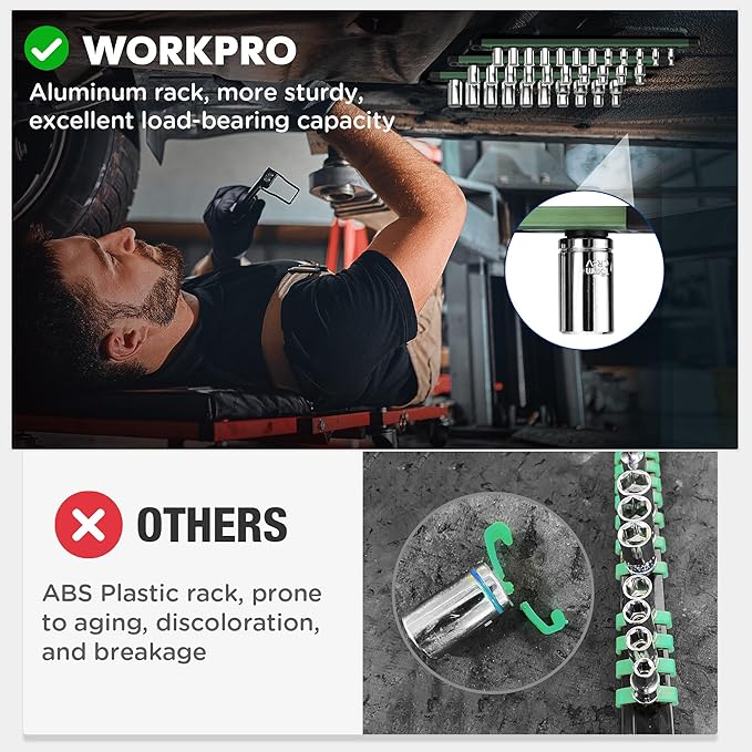 WORKPRO Magnetic Socket Organizer, 1/4-Inch Drive Aluminum Alloy Socket Rail, Heavy Duty Socket Holder, Socket Rack Kit 1/4-Inch x 12 Clips Green (Socket not Included)