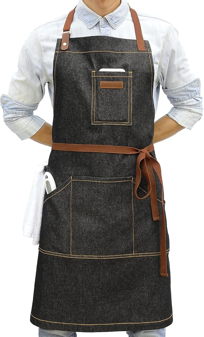 Denim Kitchen Apron with Pockets, Mens Womens Professional Chef Bib Apron for Cooking Grill BBQ Server