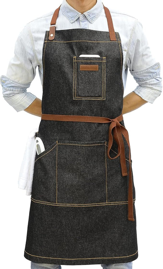 Denim Kitchen Apron with Pockets, Mens Womens Professional Chef Bib Apron for Cooking Grill BBQ Server