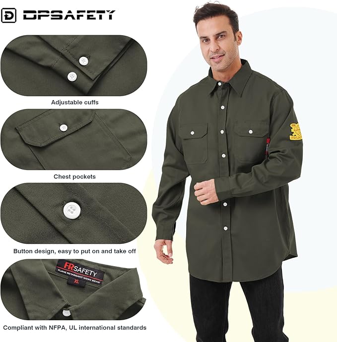 FR Shirts for Men 7oz Hi Vis Fire Resistant Shirts NFPA CAT2 Welding Shirt 100% Cotton Flame Resistant Shirt Dark Green(Small)