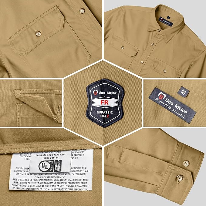FR Shirts for Men 7.5oz Welding Shirt, 100% C Flame Resistant Welding Jacket, Men's Fire Retardant FR Clothing for Men, Durable Welding Gear for Safety Work, Meets NFPA2112, Khaki-ZRND XL