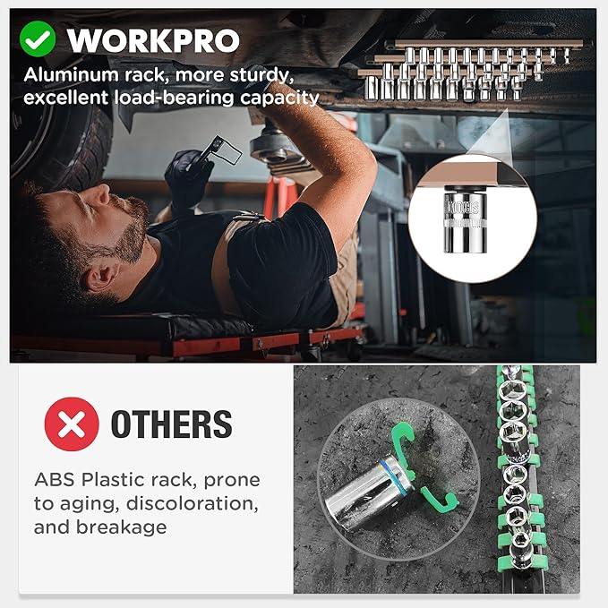 WORKPRO Magnetic Socket Organizer, 1/2-Inch Drive Aluminum Alloy Socket Rail, Heavy Duty Socket Holder, Socket Rack Kit 1/2-Inch x 10 Clips Champagne (Socket not Included)