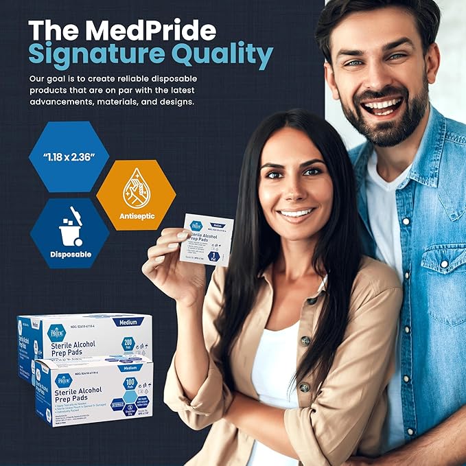 MED PRIDE Sterile Alcohol Prep Pads, Antiseptic, 70% Isopropyl, Individually Wrapped, Medical Grade 2 Ply Wipes (200 Count (Pack of 1) White)