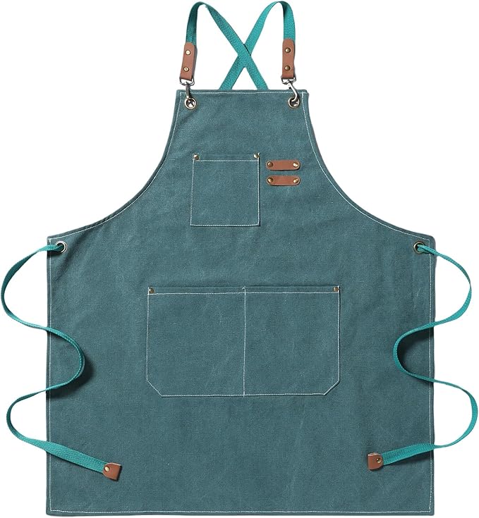 Chef Apron Medium-Thick Cotton Canvas,Cross Back with Multiple Pockets Adjustable Work Apron for Men and Women (Darkgreen)