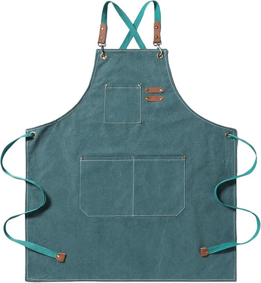 Chef Apron Medium-Thick Cotton Canvas,Cross Back with Multiple Pockets Adjustable Work Apron for Men and Women (Darkgreen)
