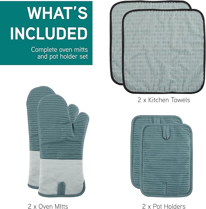 COOK WITH COLOR Silicone Oven Mitts- Heat Resistant Gloves with Soft Quilted Lining Oven Mitt Pot Holders for Cooking and BBQ, Mint, Material Mitt Set