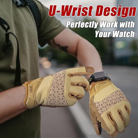 HANDLANDY Tactical Gloves for Airsoft Shooting, Flexible Grip Work Gloves for Men, Touchscreen Utility Mechanics Gloves (Large, Brown)