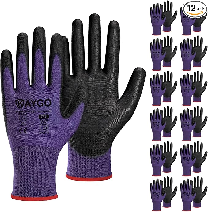 KAYGO Safety Work Gloves PU Coated,12 Pairs KG11PB Seamless Knit Glove for Men and Women, with Smooth Grip on Palm and Fingers, Ideal for General Duty Work (Small, Purple)