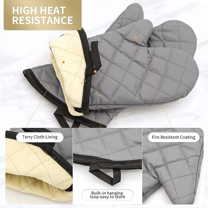 ARCLIBER Oven Mitts 2 Pairs of Quilted Terry Cloth Cotton Lining,Extra Long Professional Heat Resistant Kitchen Oven Gloves,16 Inch,Gray