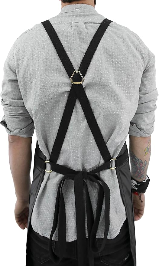 Under NY Sky Cross-Back Black Apron – Golden Hardware, Coated Twill, Leather Reinforcement, Split-Leg – Adjustable for Men, Women, Pro Barber, Tattoo, Hair Stylist, Barista, Bartender, Server Aprons