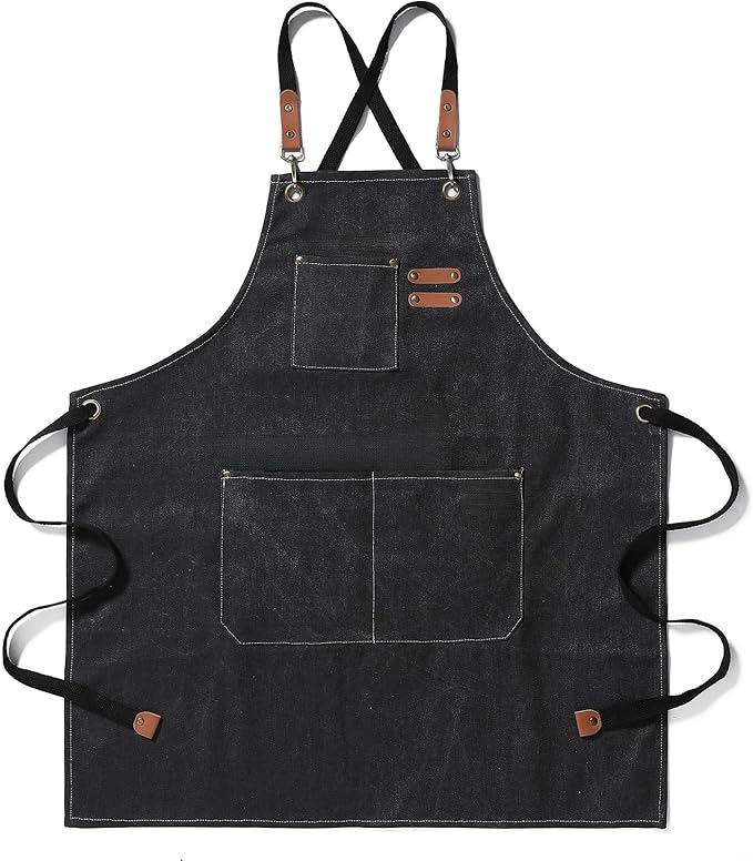 Chef Apron Medium-Thick Cotton Canvas,Cross Back with Multiple Pockets Adjustable Work Apron for Men and Women (Black)