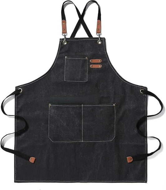 Chef Apron Medium-Thick Cotton Canvas,Cross Back with Multiple Pockets Adjustable Work Apron for Men and Women (Black)