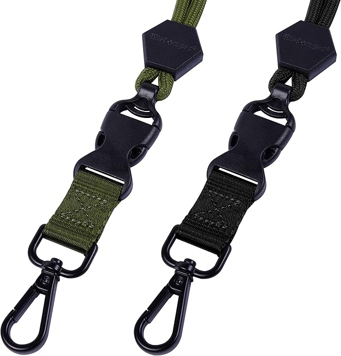 Wisdompro 2 Pack of 23 inch Durable Round Cord Heavy Duty Lanyard with Safety Breakaway Buckle, Detachable Buckle and Metal Hook for ID Card Badge Holder and Keys - Black and Army Green