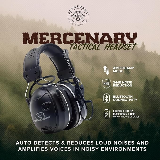 Plugfones Mercenary Tactical Bluetooth Headset – Bluetooth Earmuffs Hearing Protection - Noise Reduction 24dB, Gel Cooling Ear Pads, Boom Mic, 5-Level Ambient Sound, 60-Hr of Power & USB-C Charging