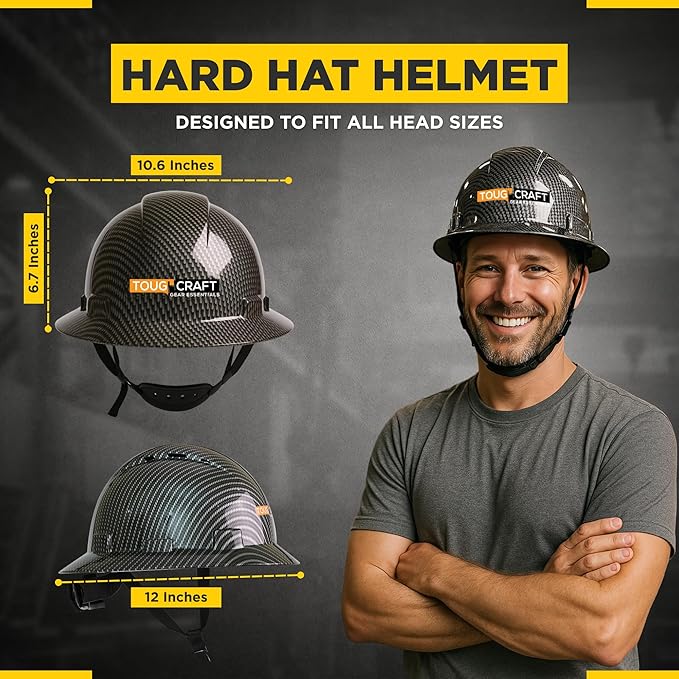 ToughCraft Full Brim Hard Hat for Men - Black Carbon Fiber Hard hat for Construction Work, Safety Helmet with Soft Padded 6 Point Adjustable Ratchet Suspension, Cascos de Construccion, Type I Class C