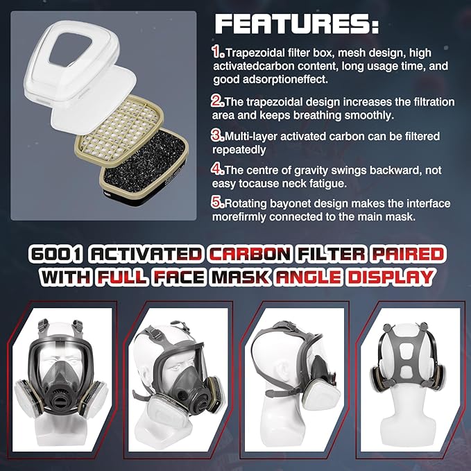 10 Pairs 6001 Respirator Filter Cartridges - 6001 Filters for Half/Full Cover Against Gas/Organic Vapor/Chemical, Replaceable Filters Compatible with 6000, 7000Series Respirator(Black)