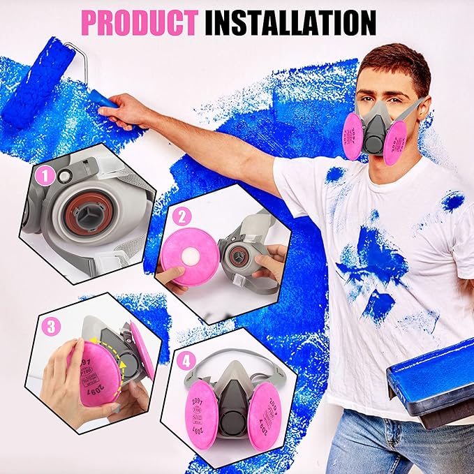 Reusable Half Facepc Cover, with 4pcs 2097 Filter and Earplugs for Paint, Used for Painting, Dust, Welding, Metal Cutting and Other Work Protection ,Organic Vapor Gas Perfect for House DIY Project