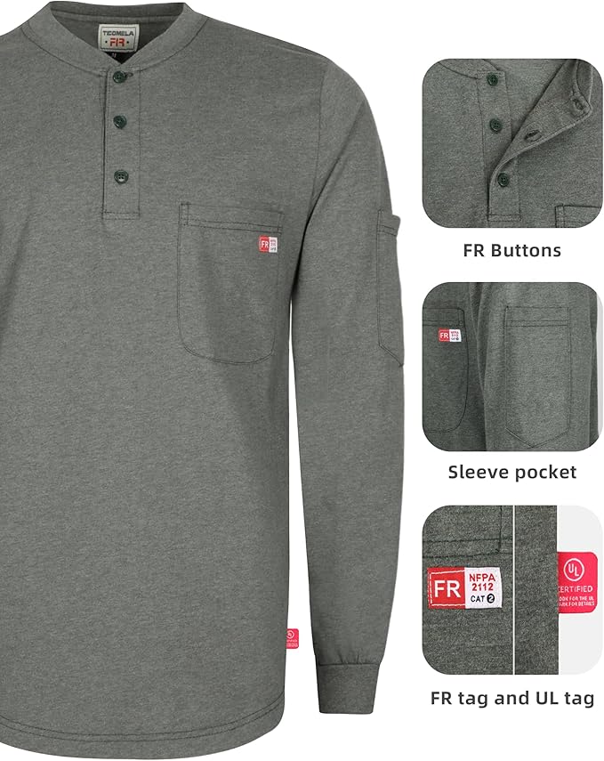 TICOMELA FR Shirts for Men Heather Series 6oz Flame Resistant T Shirt NFPA2112 CAT2 Fire Retardant Henley Shirts