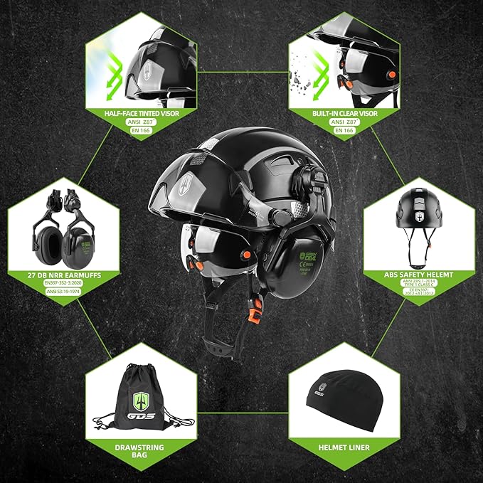 GREEN DEVIL Hard Hat Safety Helmet with Visor and Ear Muffs Men Women Vented Work Hardhat ANSI Z89.1 Cascos De Construccion for Industrial Construction Forestry