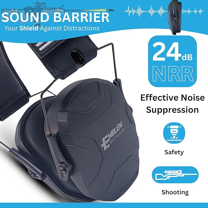Shield XT Shooting Ear Protection for Gun Range | NRR 24dB | Construction Hearing Protection for Adults and Kids | Slim Noise Reducing Ear Muffs for Sport and Safety (Black) by Emblem OD