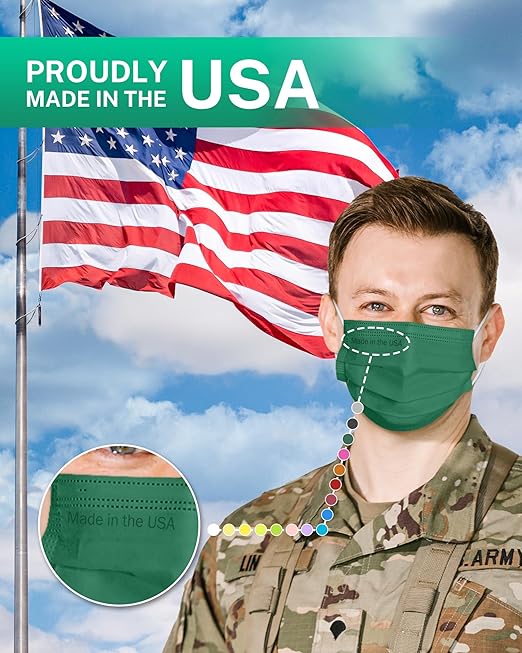 Disposable Face Masks Made in USA, 4 Ply for Families, Students, Breathable All-Day Wear & Safety, FSA HSA Eligible, ASTM Level 3 Medical Grade, 50 Pack, Hunter Green