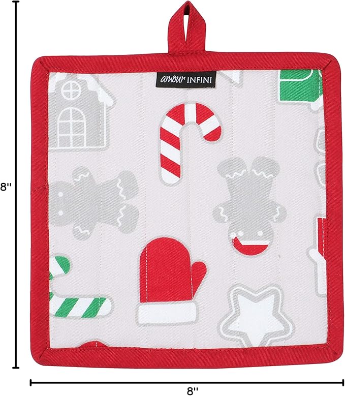 AMOUR INFINI Pot Holders Heat Resistant Cotton Set of 3 Nonslip 8"x8" Inch Hot Pads for Kitchen, BBQ, Baking & Cooking with Hanging Loops (Christmas Fun)