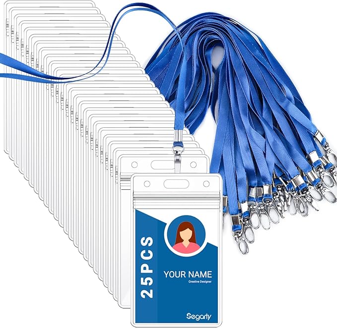 Segarty Lanyards with ID Holder, 25 Pack Vertical Clear Plastic Badge Name Tags Key Card Holder, Blue Strap Clips Waterproof Ziplock Nametag Protector for Women, Business, Student, School, Office