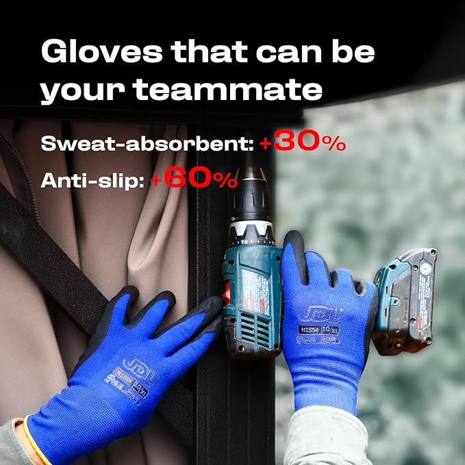 JDL Work Gloves with Micro Foam Nitrile Coated, Touch Screen Compatible,US Patent Seamless Knit Nylon Safety Gloves