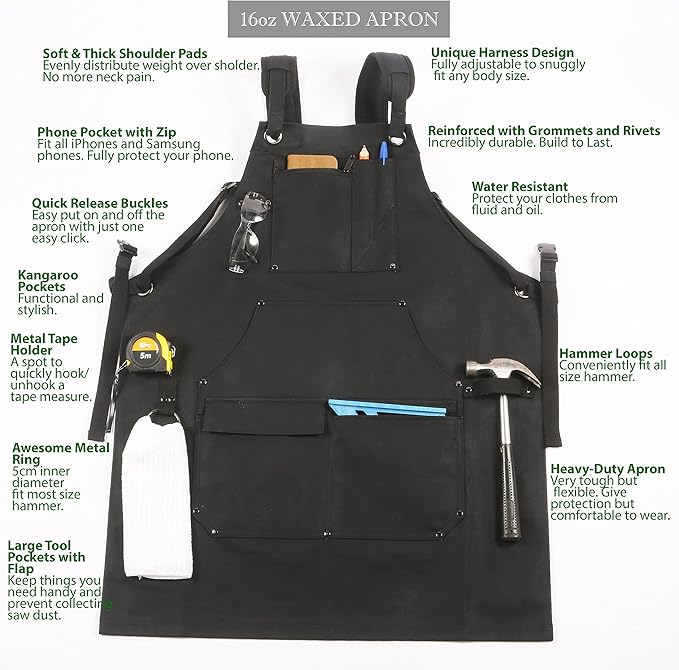 ecoZen Lifestyle Men's Carpenter Apron - Heavy Duty Waxed Canvas Workshop & Woodworking Tool - Fully Adjustable S-XXXL - Woodworking Tools - Aprons for Men