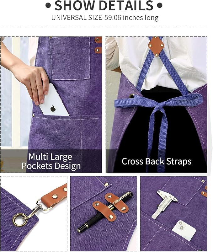 Chef Apron, Cotton Canvas Cross Back Apron with Pockets for Women and Men,Adjustable Strap and Large Pockets Apron,Kitchen Cooking Baking Bib Apron