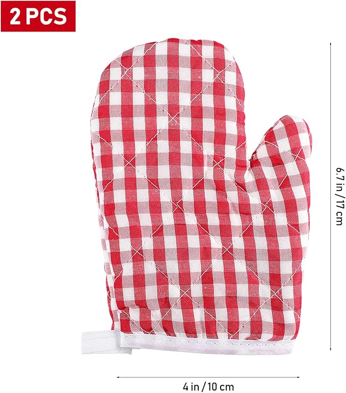 2Pcs Oven Mitts for Play Kitchen, Anti- Scald Gloves Microwave Oven Gloves Kitchen Mitts for Safe Baking Cooking ( Red Checkered )