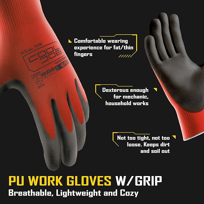 COOLJOB 12/60 Pairs Safety Work Gloves Pack Bulk with Grip PU Coating, 13 Gauge Seamless Knit Gloves with Polyurethane Dipped for Warehouse Working, Breathable Lightweight for Men Women, Red Small