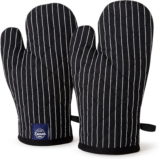 Encasa Homes Long 12" Oven Microwave Hand Gloves Mitts (2 pc Set) for Kitchen Cooking & Baking - Heat Resistant, Thick & Safe, Protection of Hands from Hot Utensils - Butcher Stripes Black