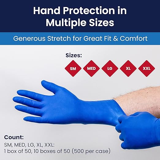 Adenna HERO Disposable Latex Gloves - 14 Mil, NFPA-Approved Heavy Duty Glove with 12" Extended Cuff & Micro-Textured Grip, Exam Grade, Powder Free, Case of 500, 2X-Large, Blue