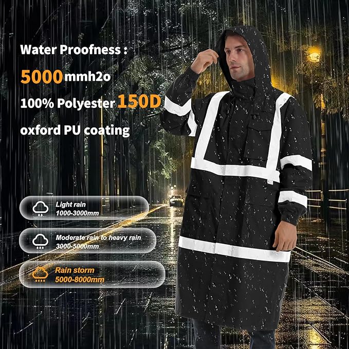 Hi Vis Rain Jacket with 3M Reflective Stripe,High Visibility Class 3 Rain coats,Safety Waterproof Rain Suits for Men with Hood and 2 Large Pockets construction work rain gear(Black S)