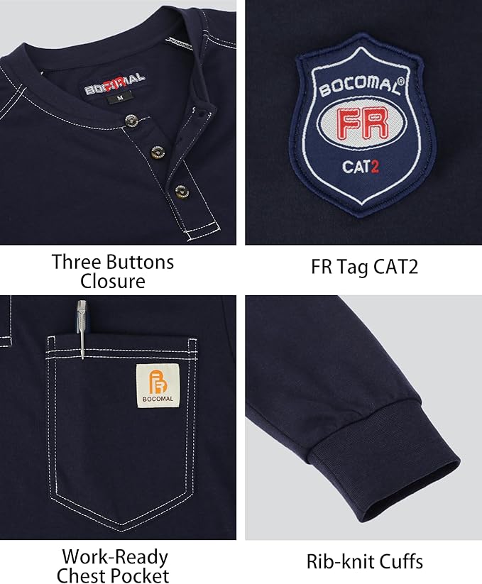 BOCOMAL Men's FR Shirt Pocket Henley Lightweight Flame Resistant Cotton Long Sleeve Workwear UL NFPA2112 CAT2 Welding Tee