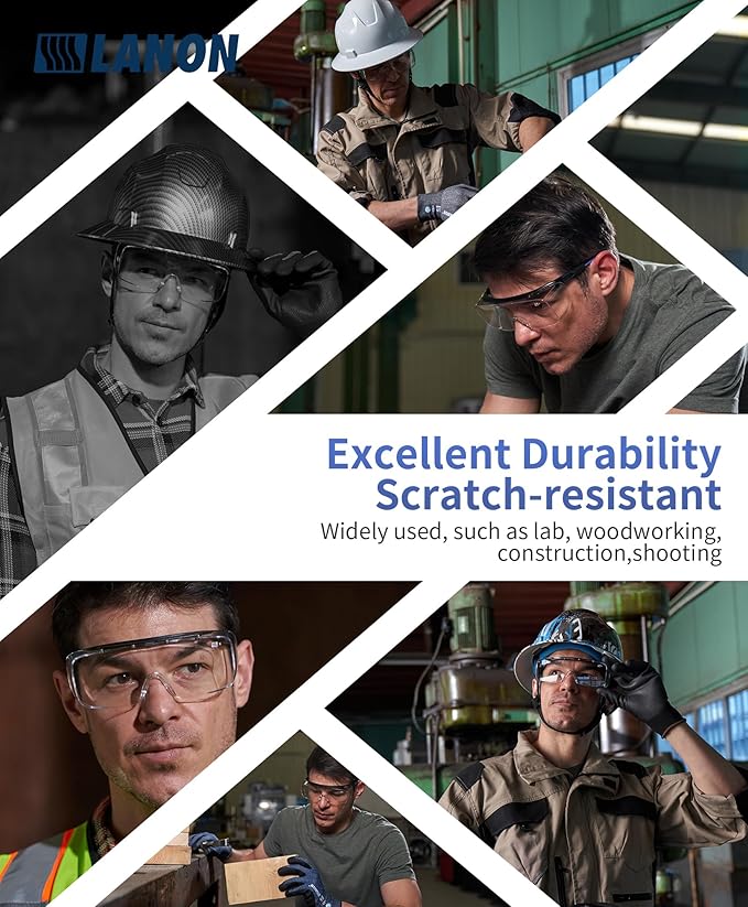 LANON Safety Glasses Over Glasses,ANSI Z87.1 Lenses with Anti-Fog & Scratch,Side Protection, High Transmission, Adjustable Protective Eyewear Goggles