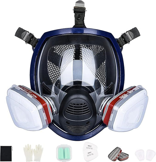 INCLY Full Face Respirator Mask, Safe Gas Masks Cover with Asbestos & Filter Reusable for Against Smoke, Dust, Chemical, Paint, Sanding, Welding, Vapors,Hazmat, Logging