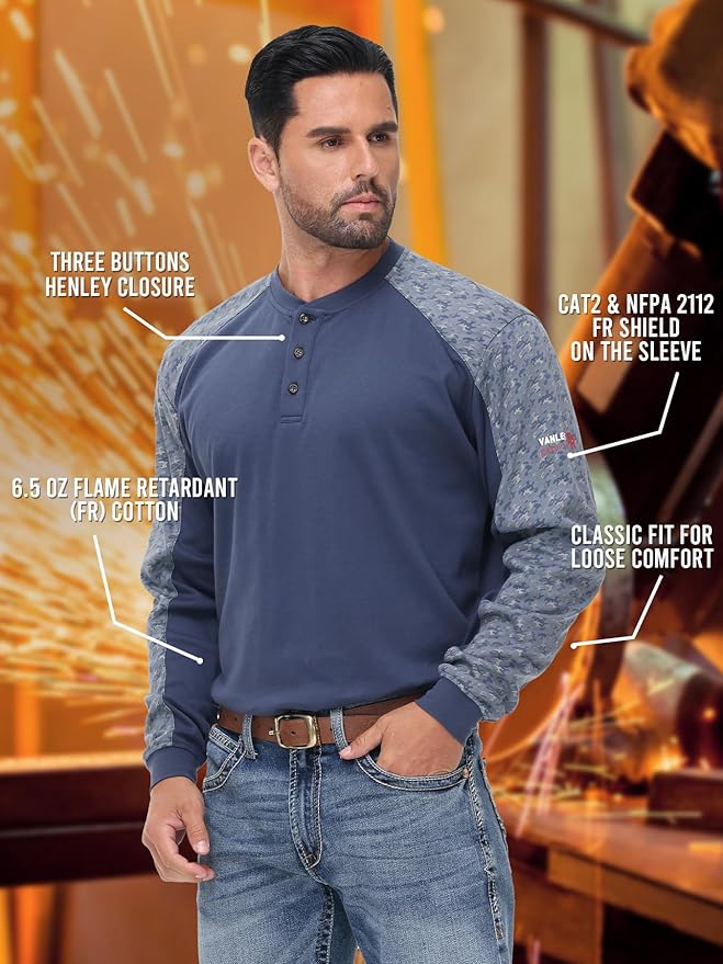 Men's Green Large Regular Fit 5.5oz 100% Cotton Long Sleeve FR Shirt for Work & Outdoor Activities