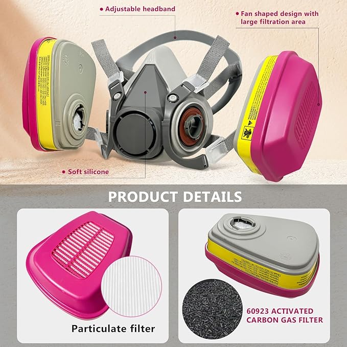 Respirator Mask for Chemical - Half Facepiece Respirator Mask with 60923 Filter for Organic Vapors Epoxy Resin Dust Painting Construction Sanding
