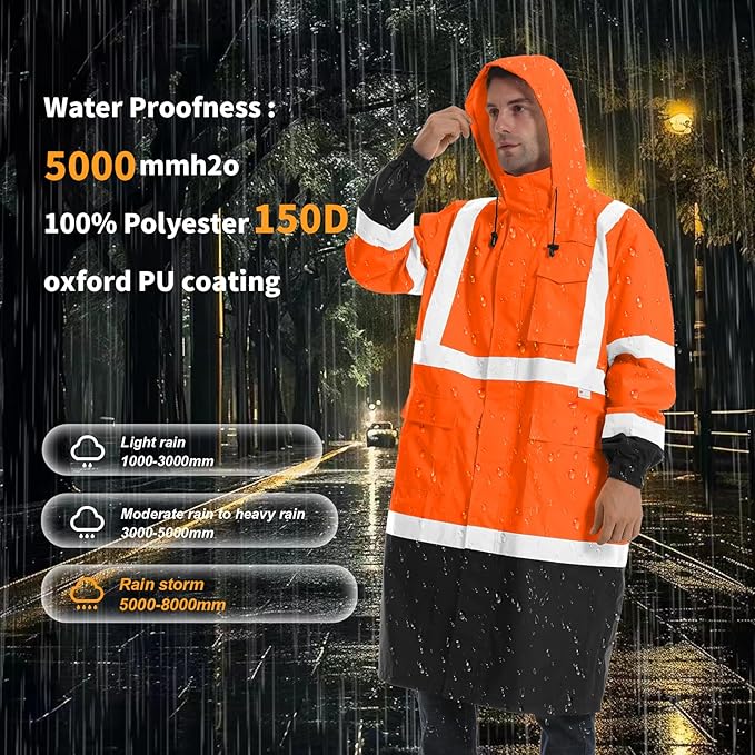 Hi Vis Rain Jacket with 3M Reflective Stripe,High Visibility Class 3 Rain coats,Safety Waterproof Rain Suits for Men with Hood and 2 Large Pockets construction work rain gear(Orange 2XL)