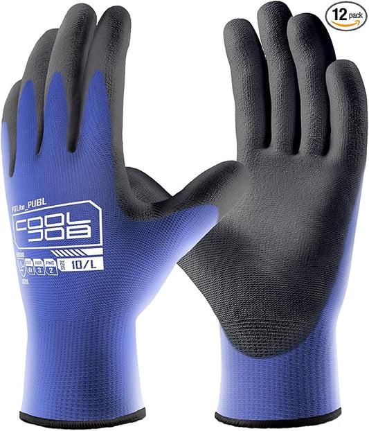 COOLJOB 12/60 Pairs Safety Work Gloves Pack Bulk with Grip PU Coating, 13 Gauge Seamless Knit Gloves with Polyurethane Dipped for Warehouse Working, Breathable Lightweight for Men Women, Blue Medium