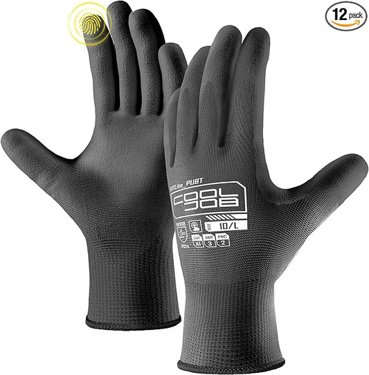 COOLJOB Safety Work Gloves PU Coated - 12/60 pairs, Touchscreen 13 Guage Ultra-lite Polyurethane dipped Gloves with Grip for Men Women, Lightweight Breathable Bulk Pack, Large, Black